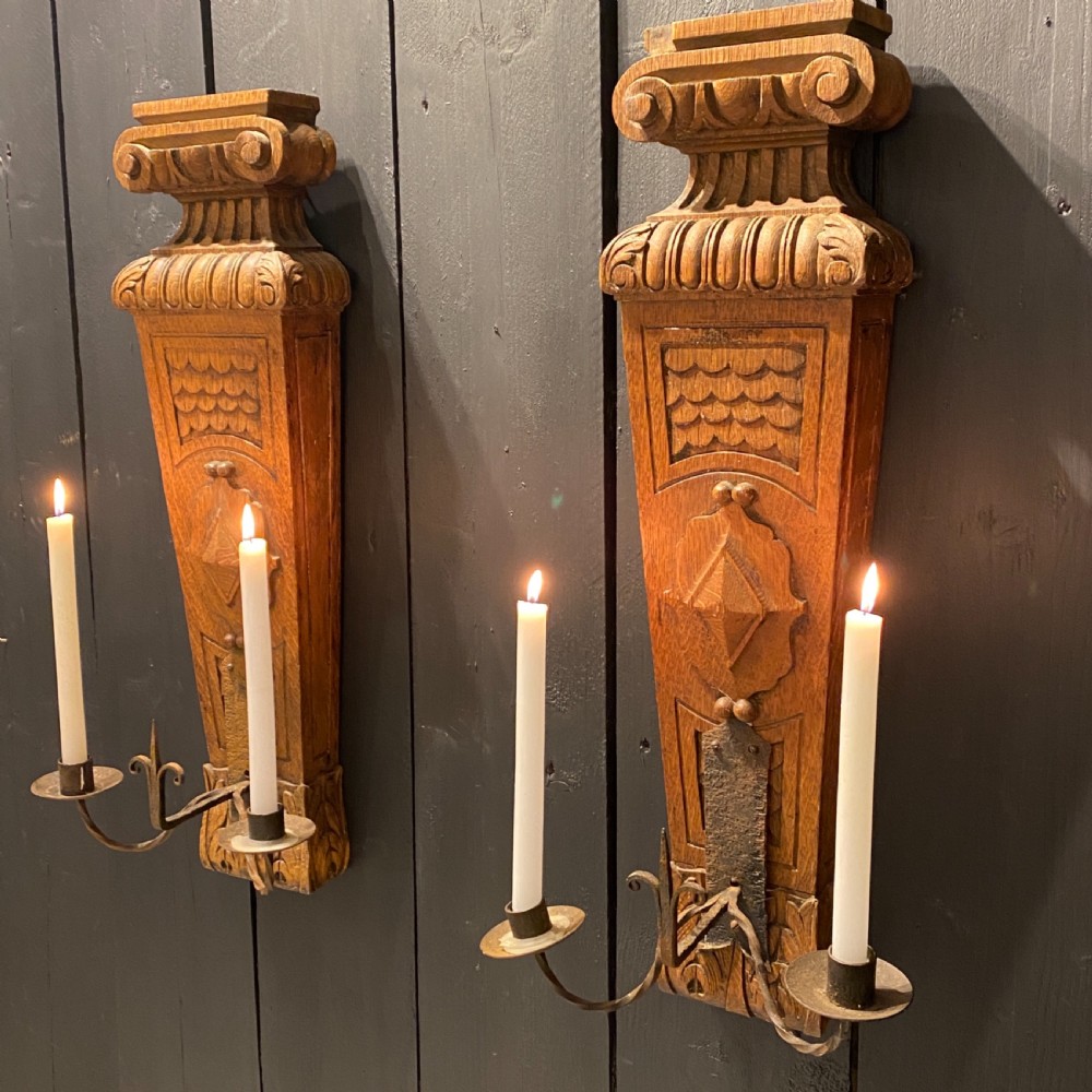A Large Pair of Oak and Wrought Iron Wall Sconces View IX