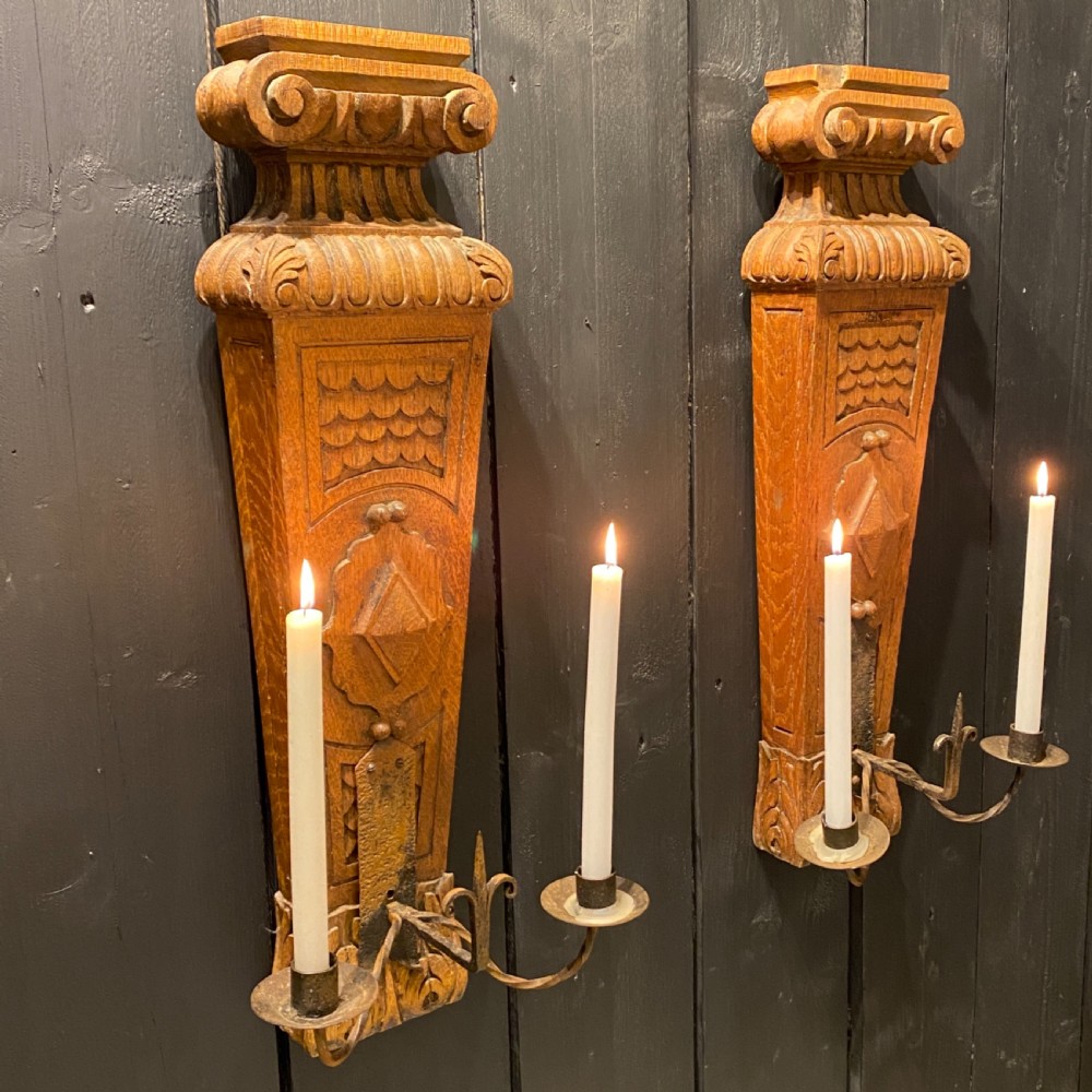 A Large Pair of Oak and Wrought Iron Wall Sconces View X