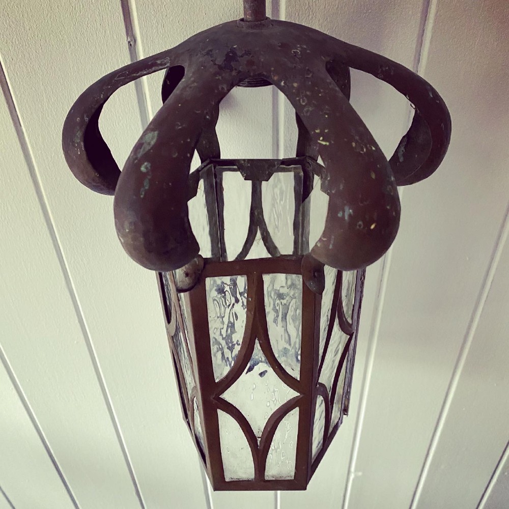 An Art Nouveau Copper and Glass Lantern
