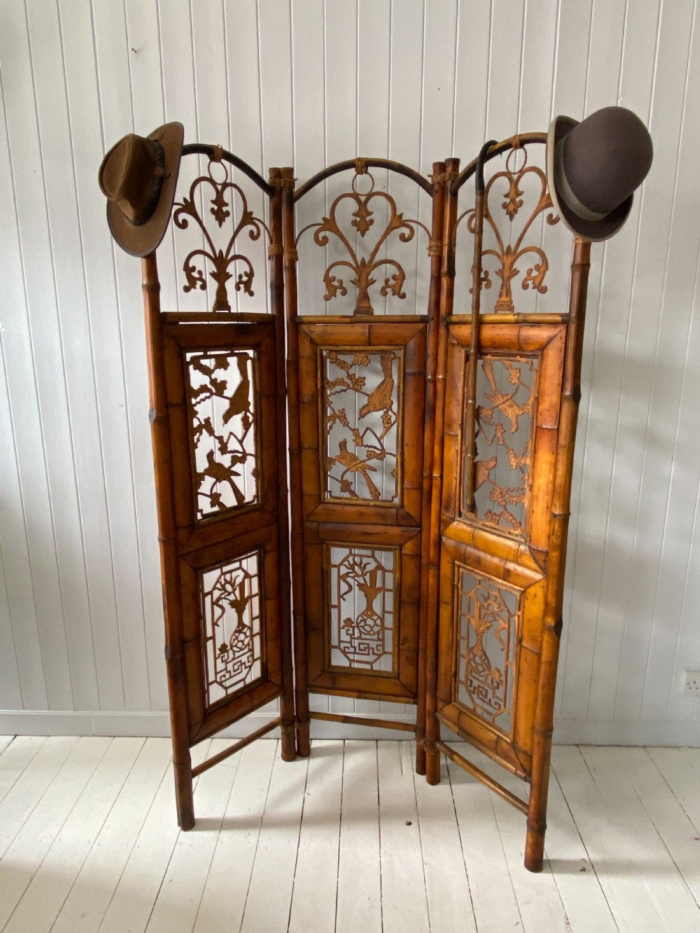 A Vintage Bamboo and Inset Iron Three Fold Screen View V