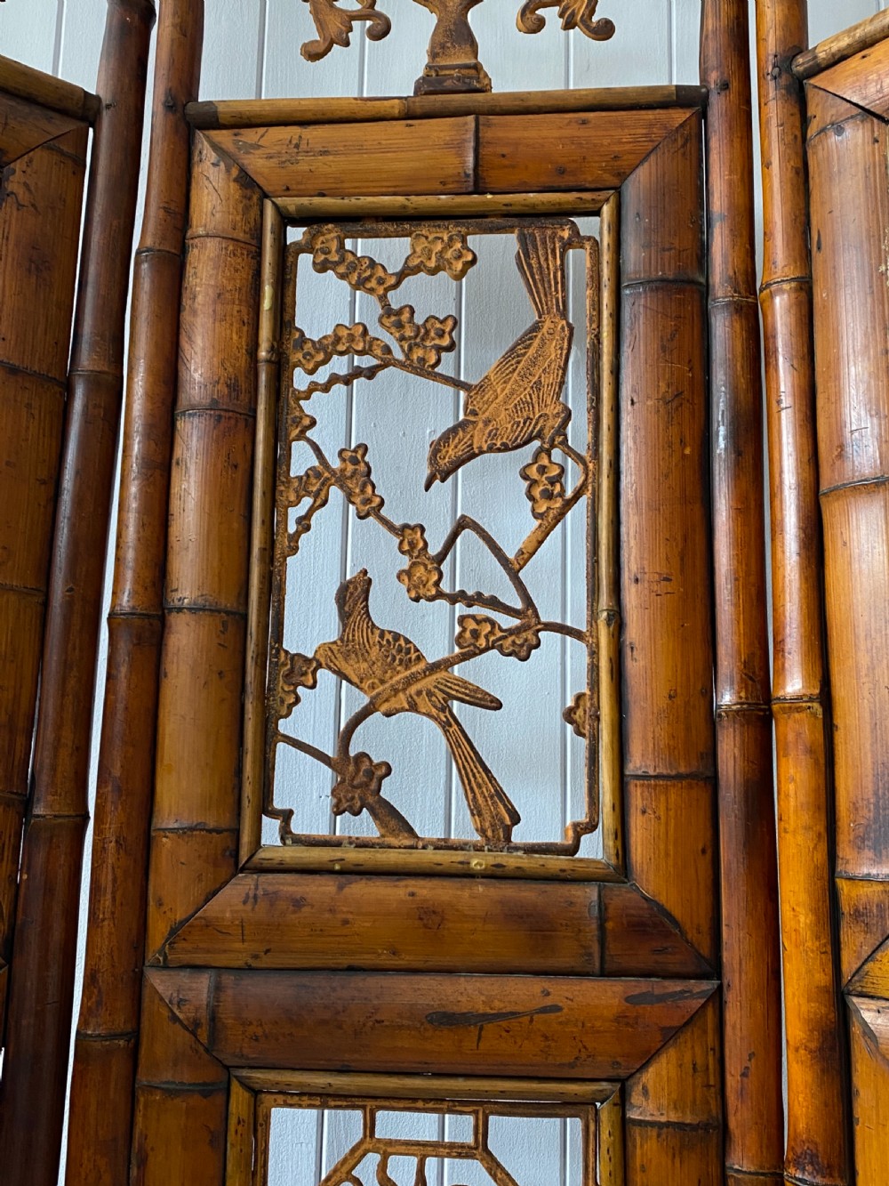 A Vintage Bamboo and Inset Iron Three Fold Screen View X