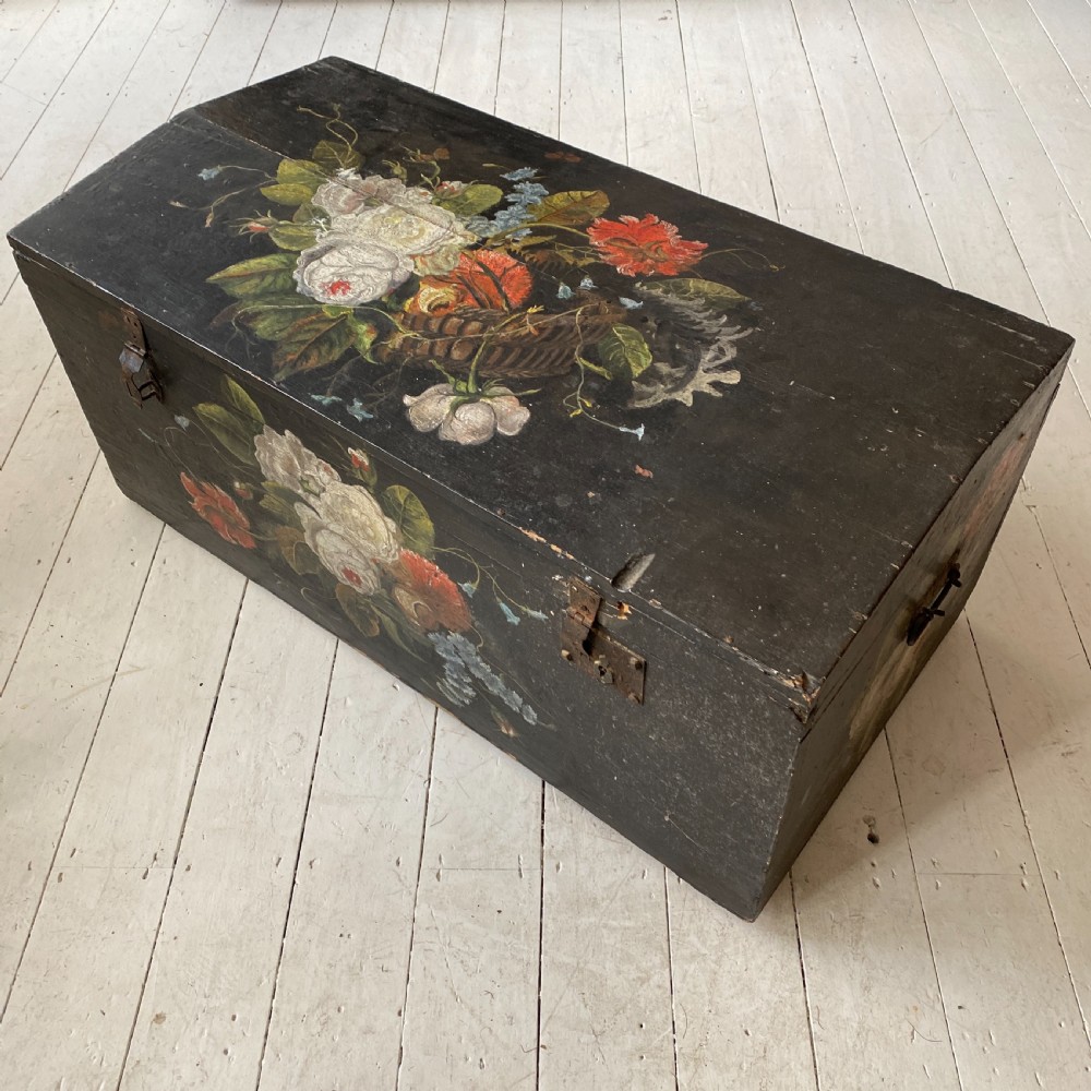 19th Century Ebonised and Painted Pine Trunk