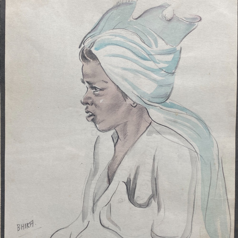 A profile pencil drawing of a woman featuring a soft blue watercolour headscarf, signed Bhika on paper.