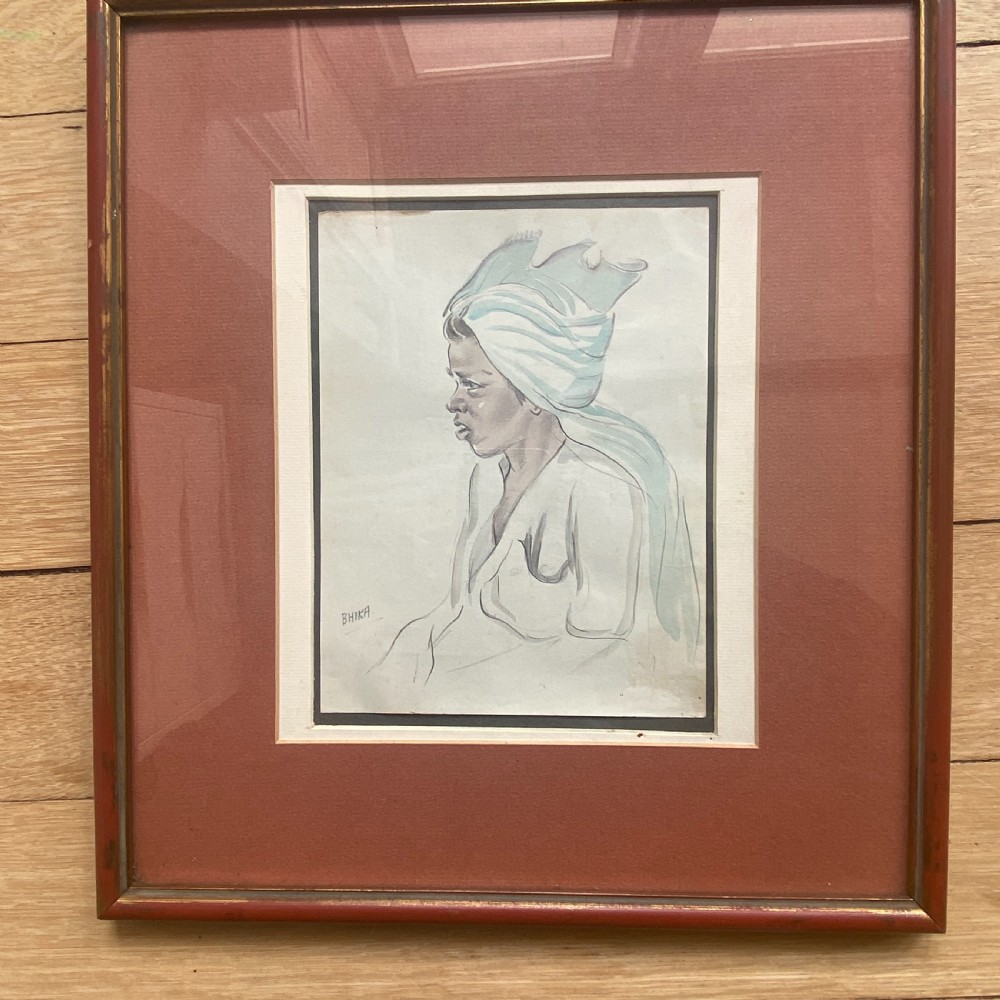 A profile pencil drawing of a woman featuring a soft blue watercolour headscarf, signed Bhika on paper. View II