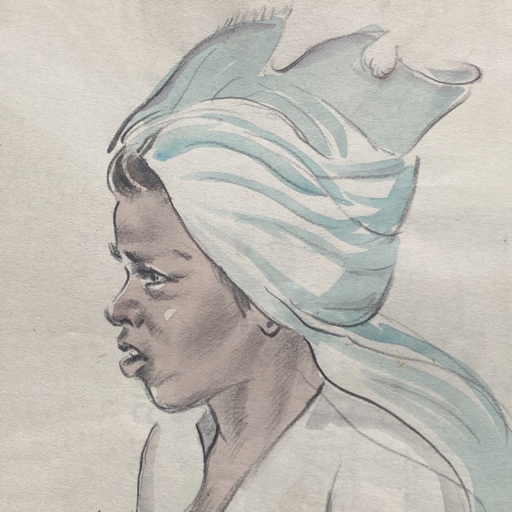 A profile pencil drawing of a woman featuring a soft blue watercolour headscarf, signed Bhika on paper. View III