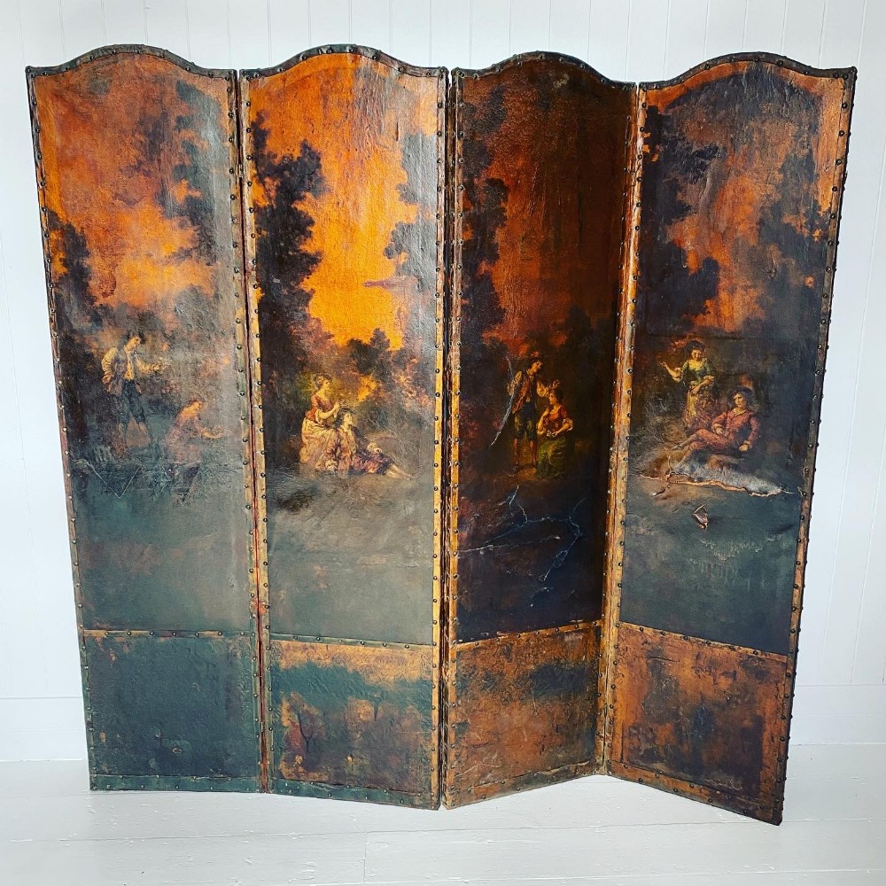 Antique Leather Painted Four Fold Screen