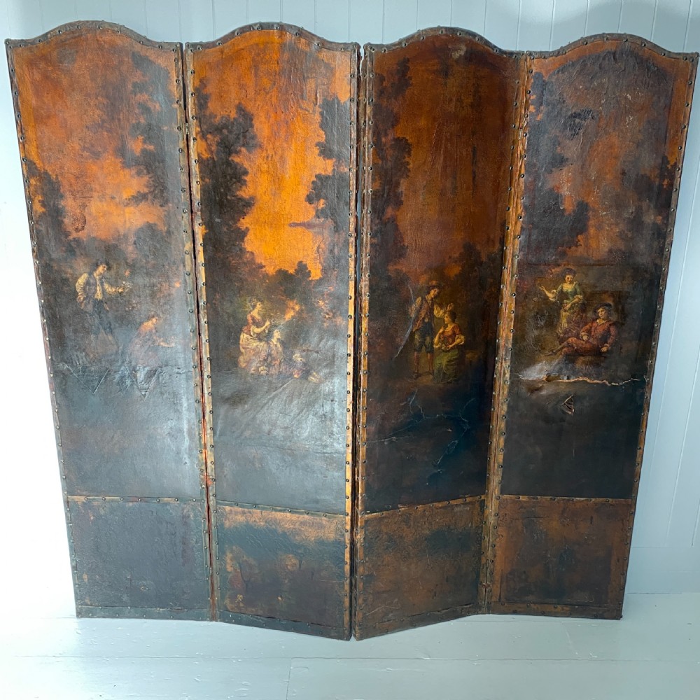 Antique Leather Painted Four Fold Screen View II