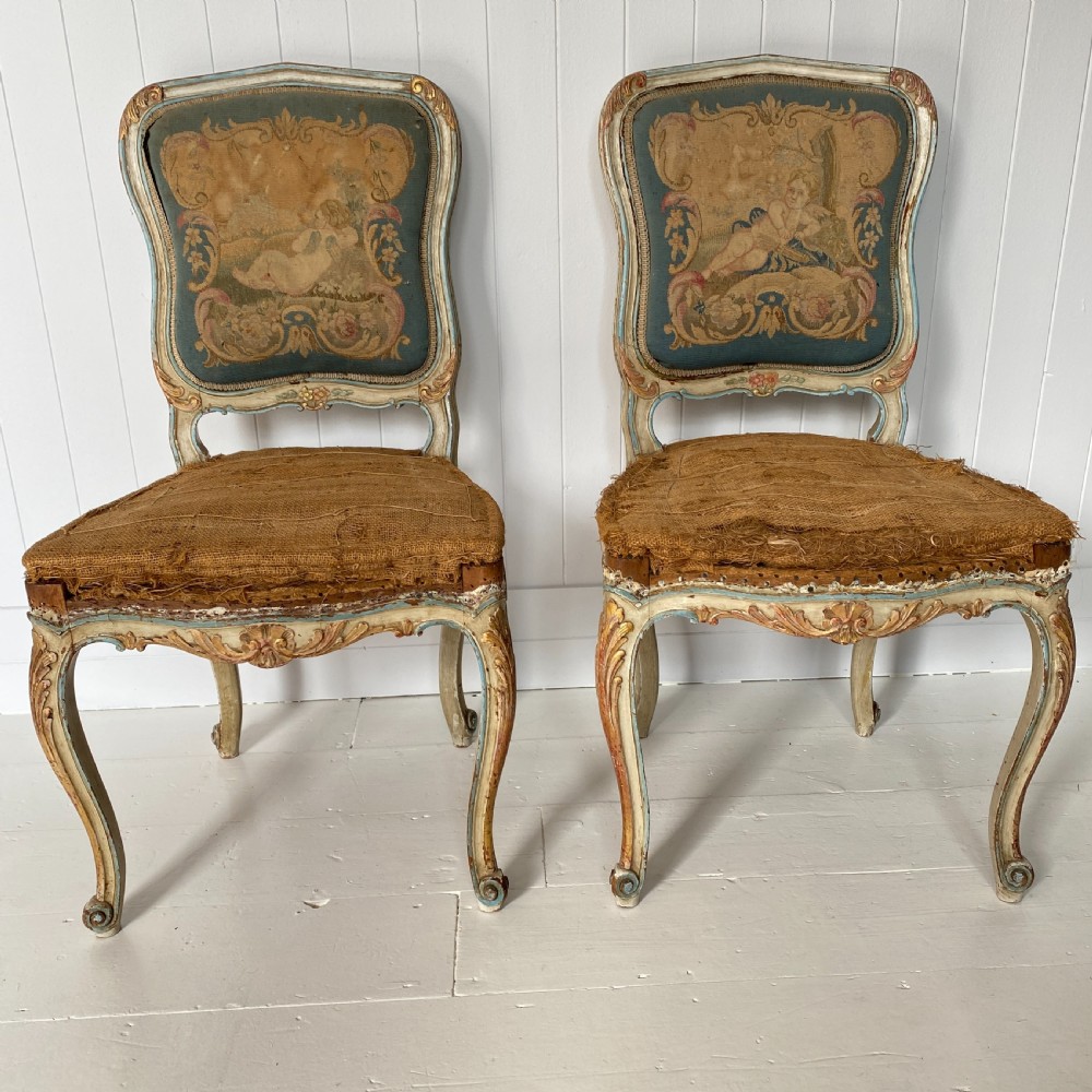 Pair of Antique French Painted Tapestry Chairs