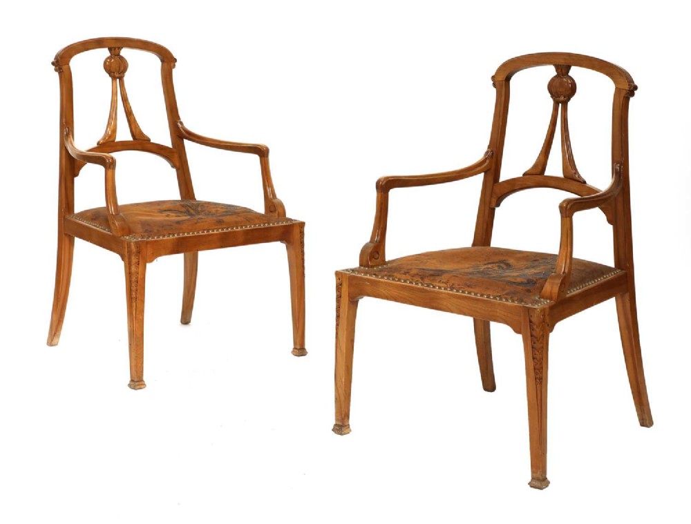 A Pair Of Walnut & Leather Art Nouveau Armchairs 