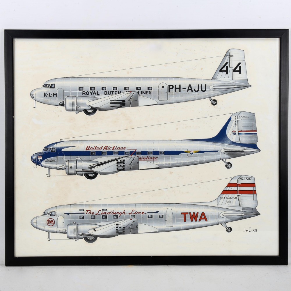 A framed gouache illustration depicting three side-elevation profile views of silver Douglas airliners featuring KLM, United Air Lines, and TWA liveries.
