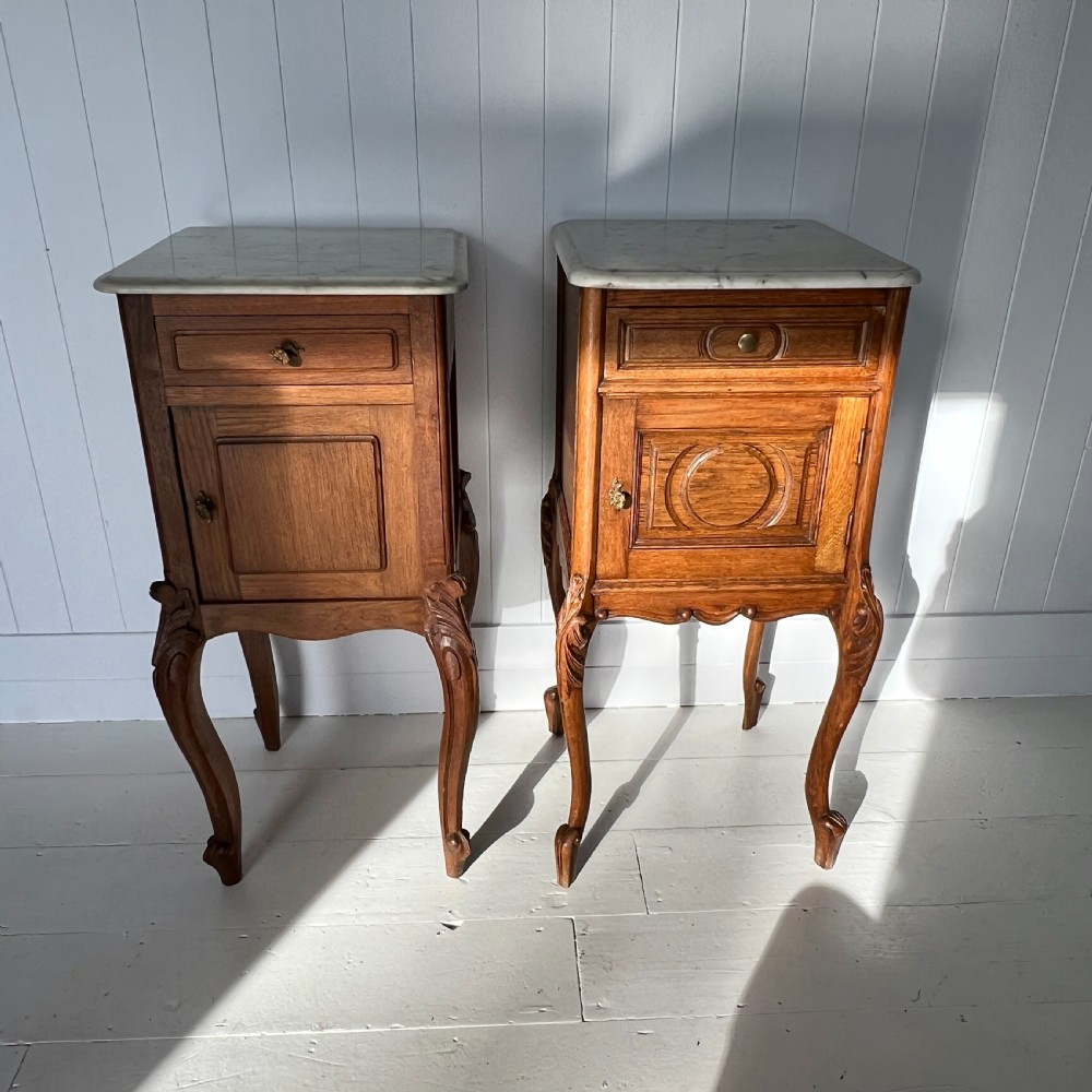 Pair of French Oak and Marble Bedside Cupboards