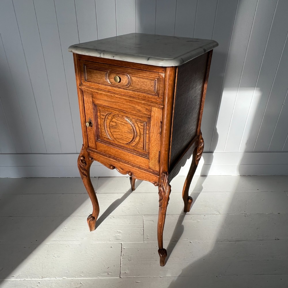 Pair of French Oak and Marble Bedside Cupboards View II