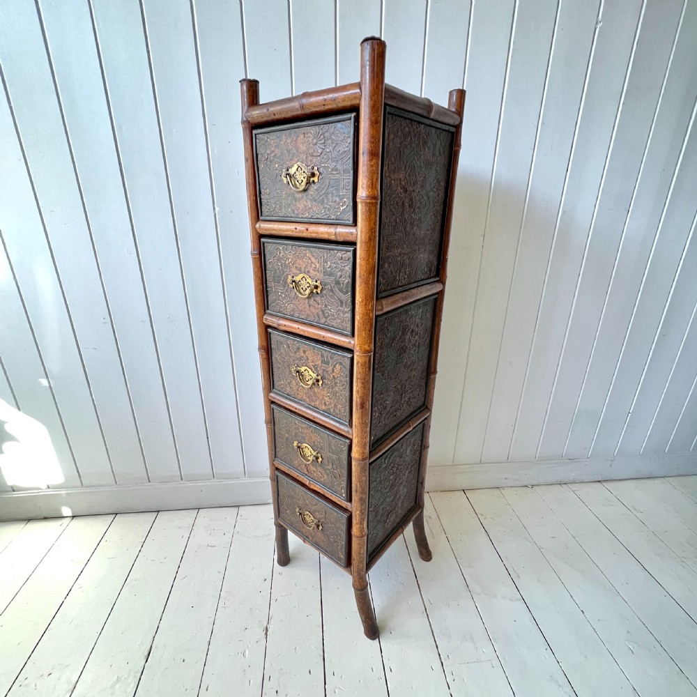 Bamboo and Embossed Leather Bank of Drawers Circa 1900