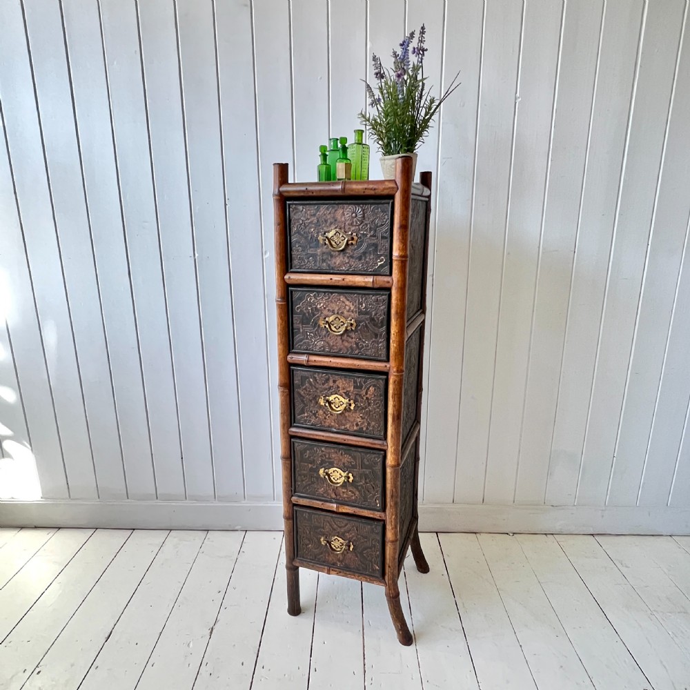 Bamboo and Embossed Leather Bank of Drawers Circa 1900 View III
