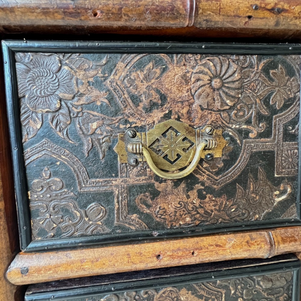 Bamboo and Embossed Leather Bank of Drawers Circa 1900 View V
