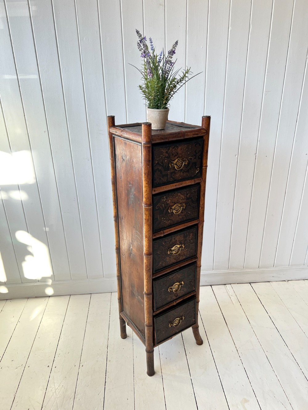 Bamboo and Embossed Leather Bank of Drawers Circa 1900 View VII