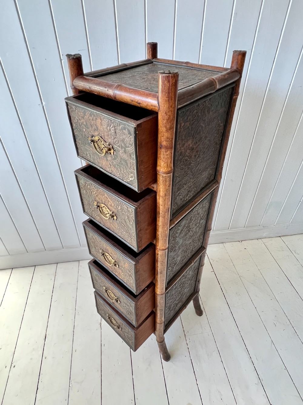 Bamboo and Embossed Leather Bank of Drawers Circa 1900 View VIII