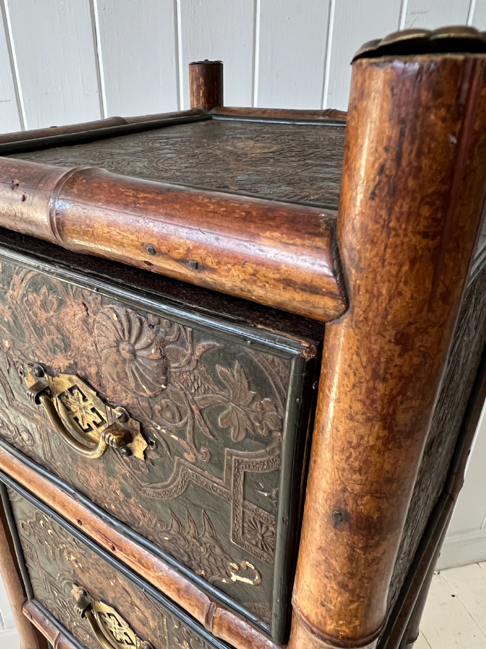 Bamboo and Embossed Leather Bank of Drawers Circa 1900 View IX