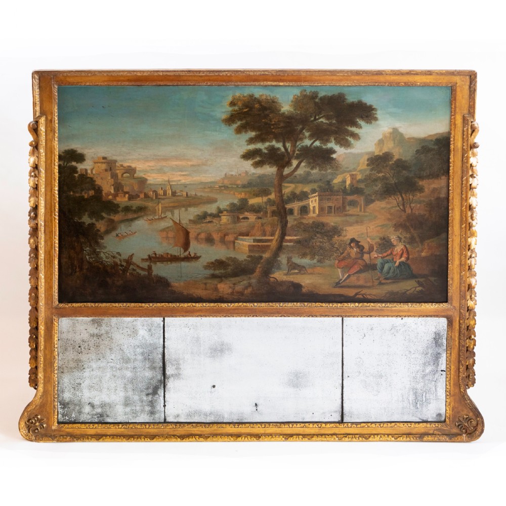 A large Georgian giltwood overmantel trumeau mirror featuring a classical oil painting of a landscape above three antiqued mirror plates.