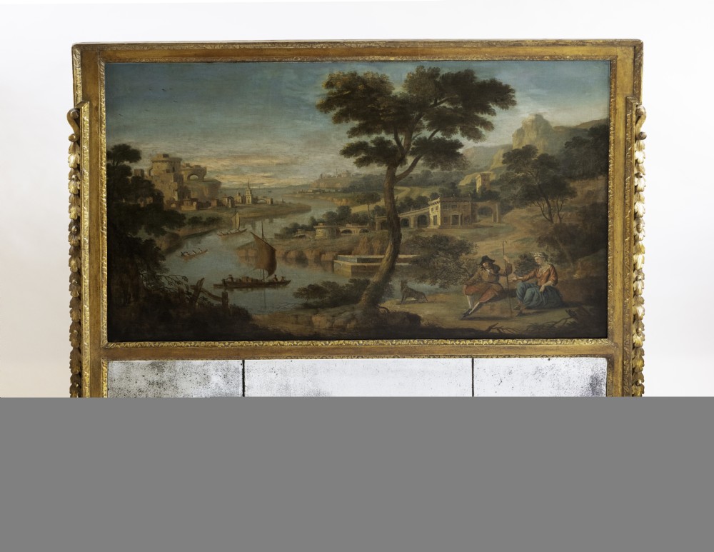 A large Georgian giltwood overmantel trumeau mirror featuring a classical oil painting of a landscape above three antiqued mirror plates. View II