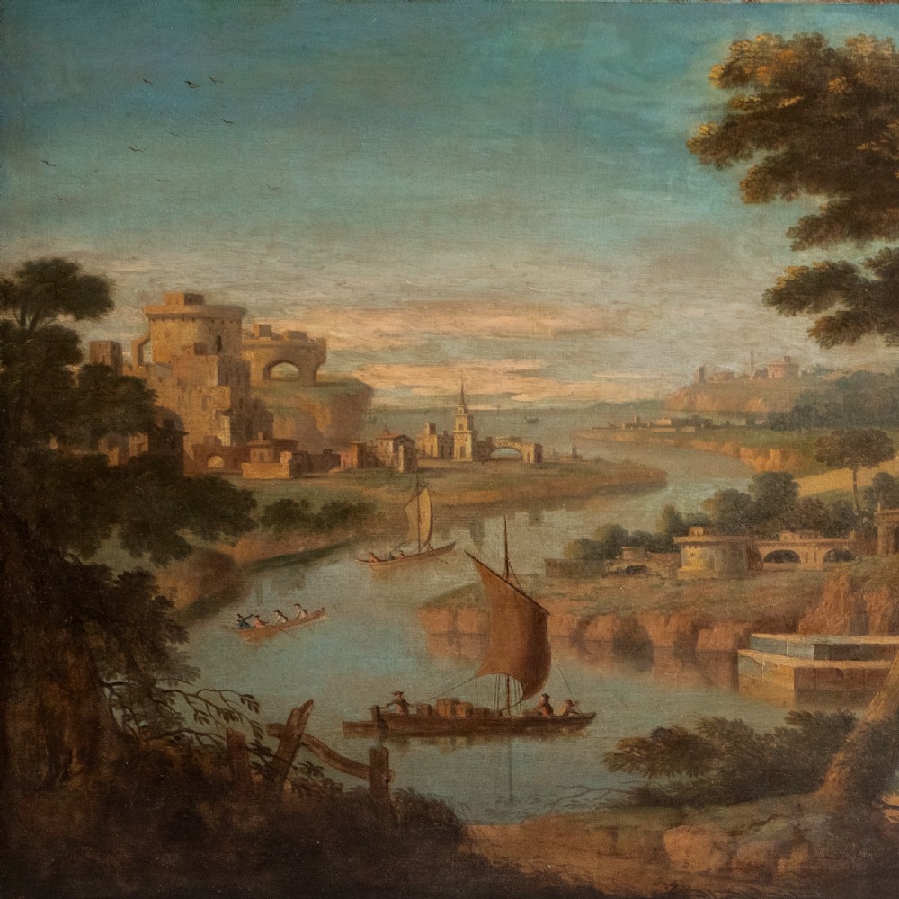 A large Georgian giltwood overmantel trumeau mirror featuring a classical oil painting of a landscape above three antiqued mirror plates. View VI