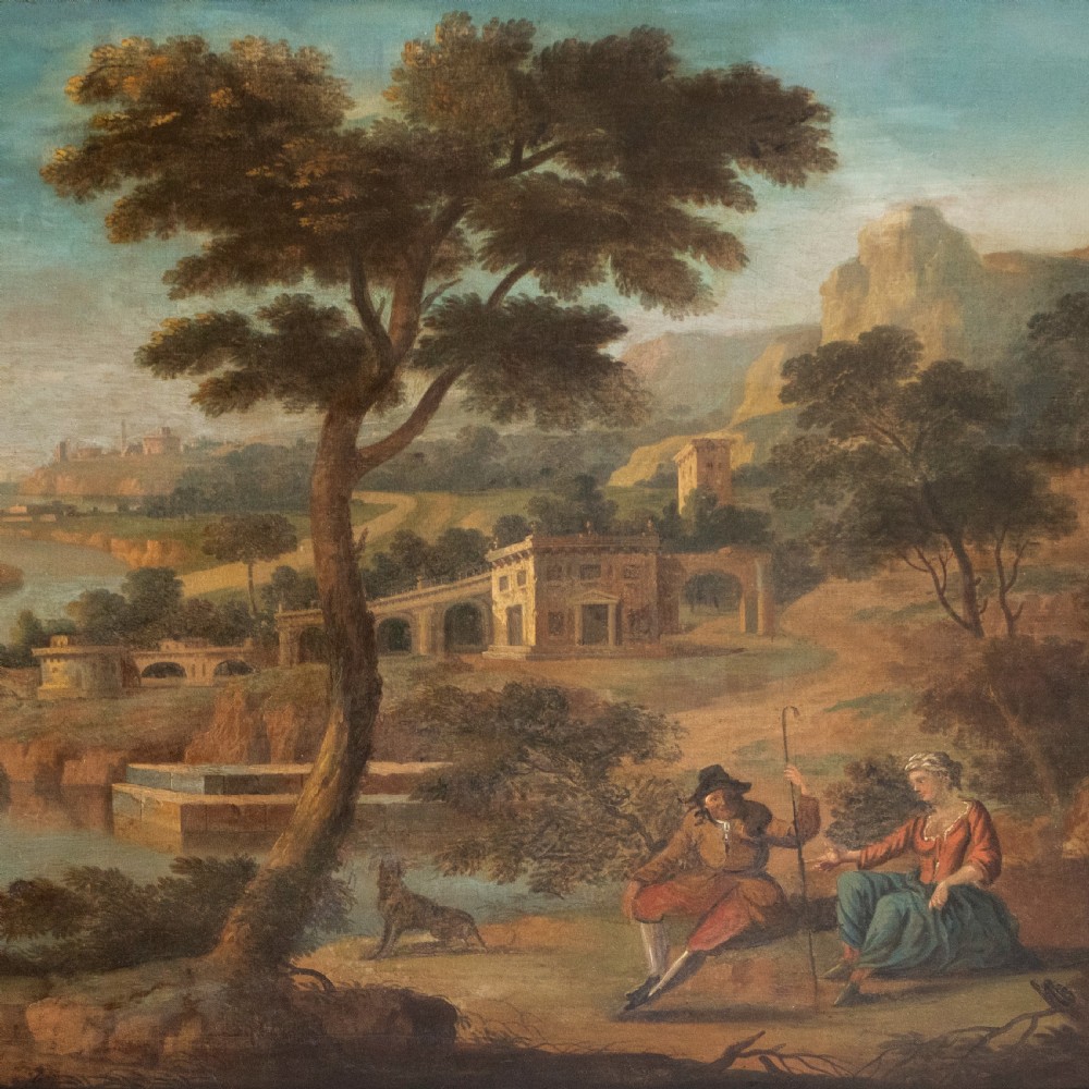 A large Georgian giltwood overmantel trumeau mirror featuring a classical oil painting of a landscape above three antiqued mirror plates. View VII