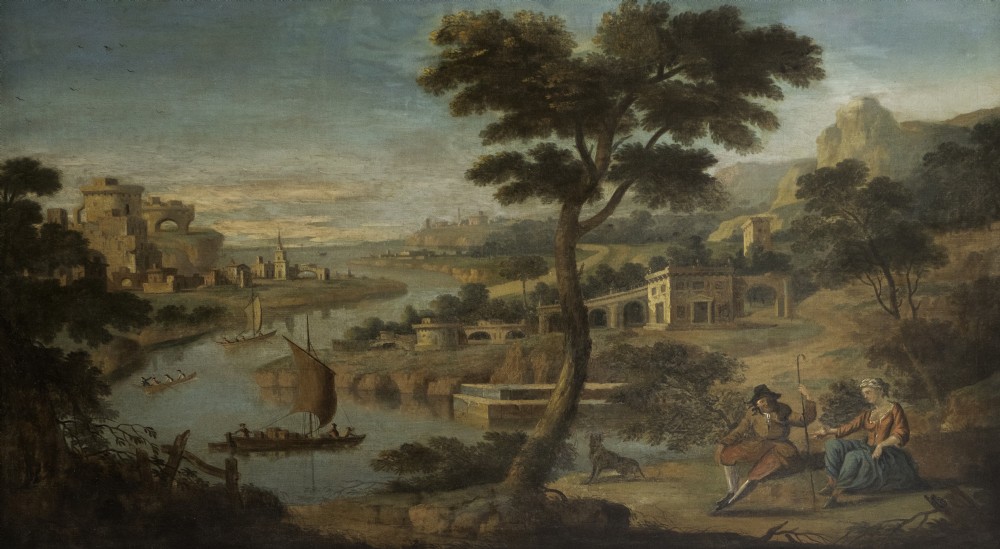 A large Georgian giltwood overmantel trumeau mirror featuring a classical oil painting of a landscape above three antiqued mirror plates. View VIII