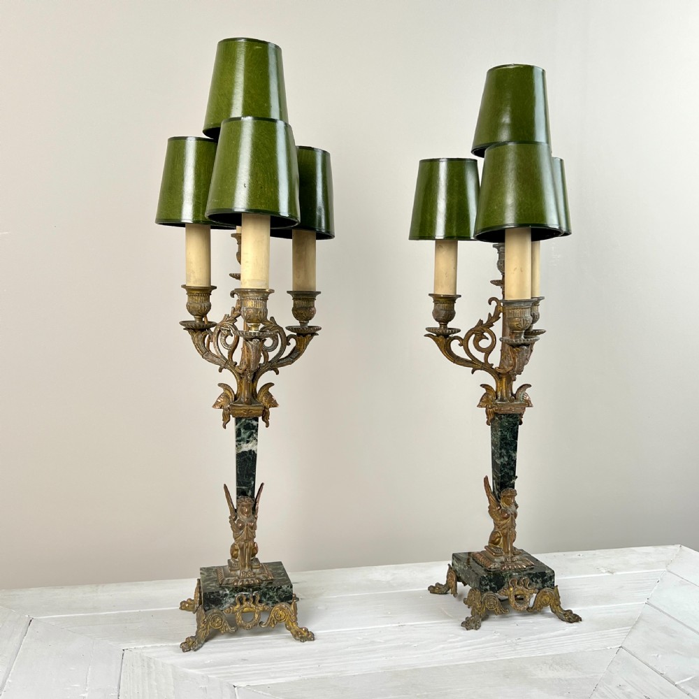 Pair Of C19th French Gilt Bronze and Marble Candelabra Lamps
