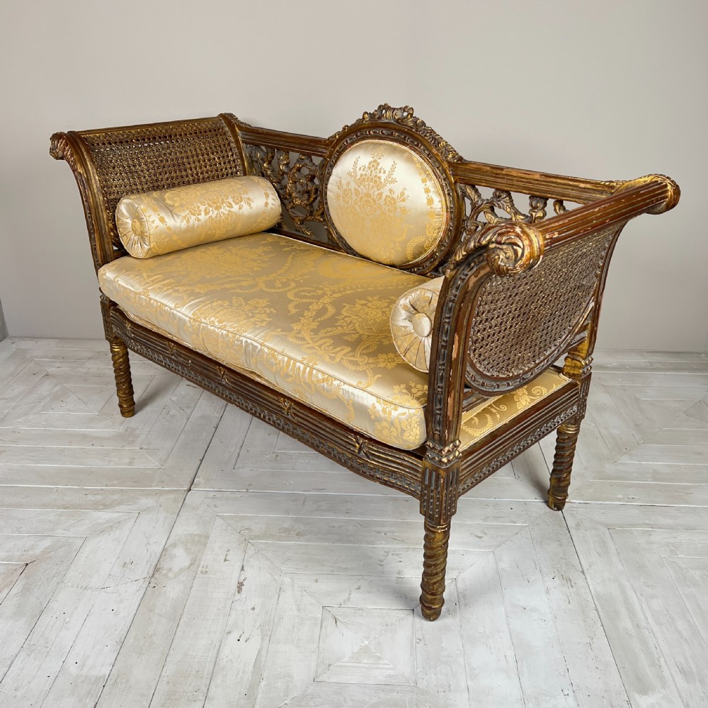 French Louis XVI Style Carved Giltwood Caned Sofa Or Daybed