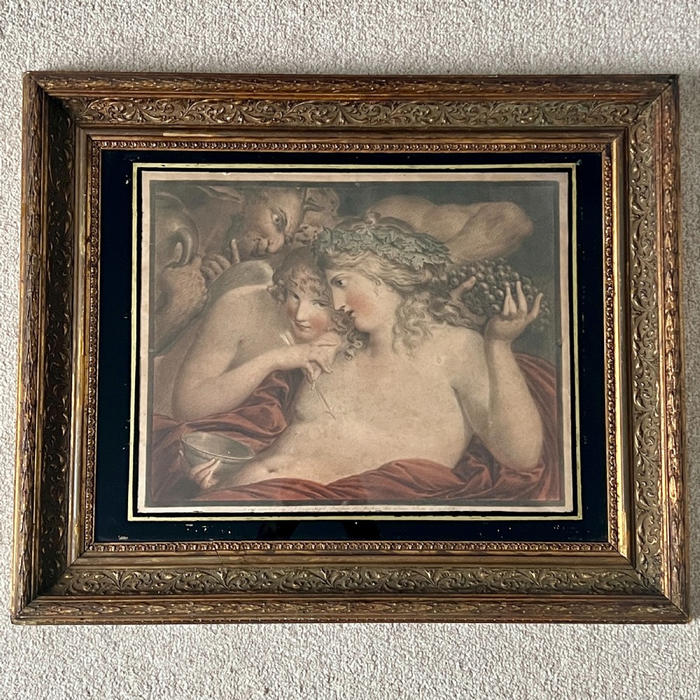 An 18th-century classical etching depicting Eros and mythological figures, mounted in a dark border and an ornate gilded frame. View IV