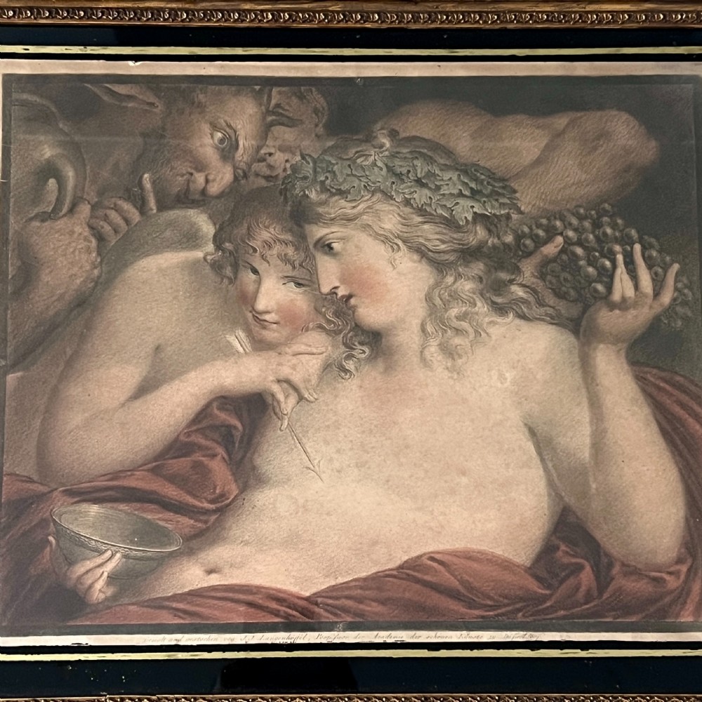 An 18th-century classical etching depicting Eros and mythological figures, mounted in a dark border and an ornate gilded frame. View V