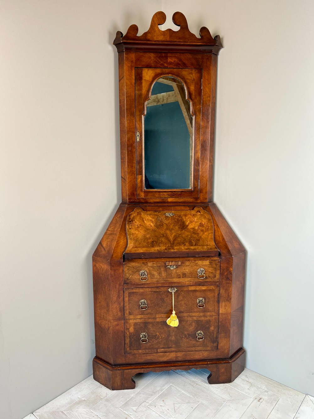 Early C20th Walnut Corner Bureau Bookcase In The Georgian Taste View IV