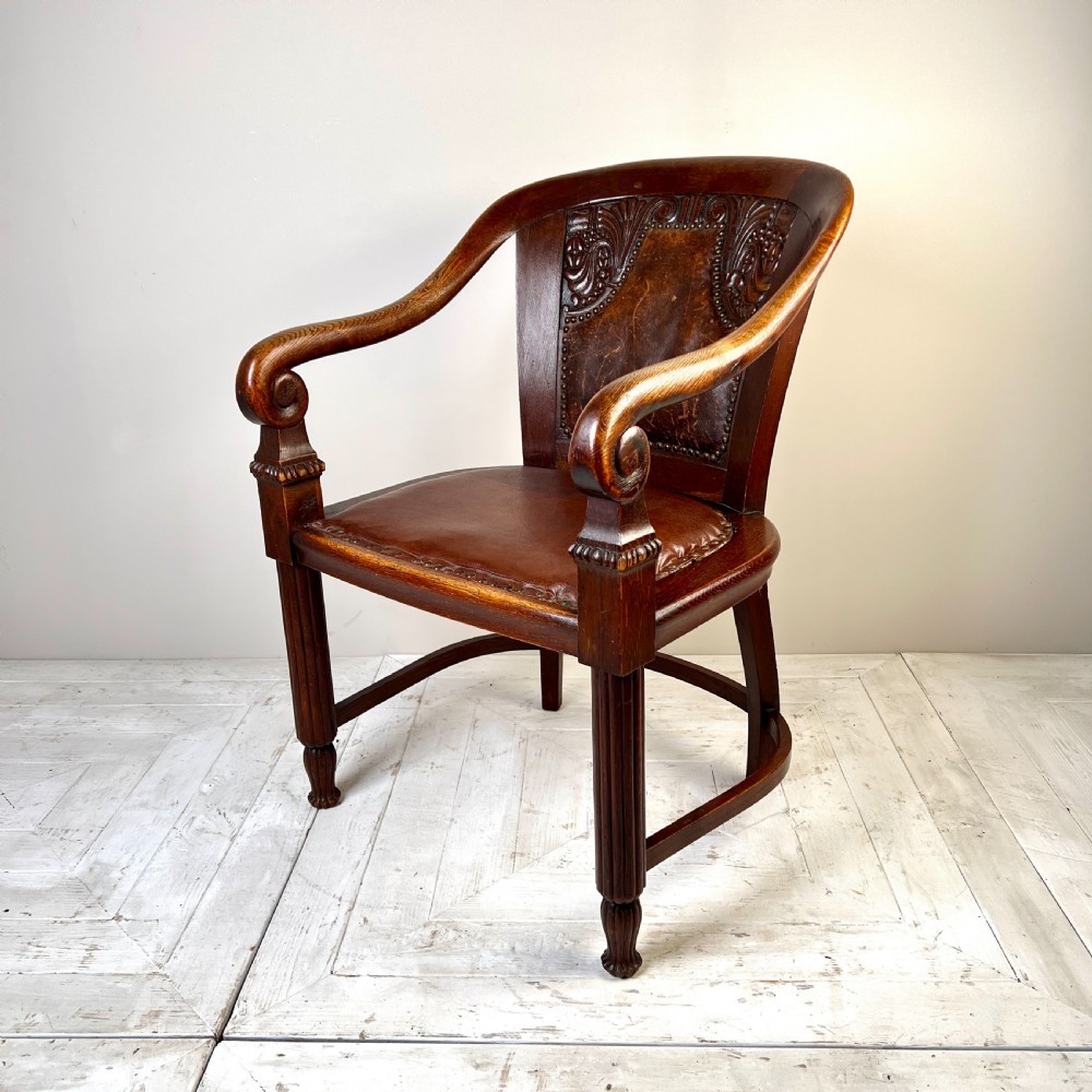 Carved Oak & Leather Arm Or Desk Chair View II