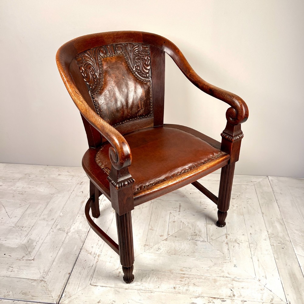 Carved Oak & Leather Arm Or Desk Chair View IX