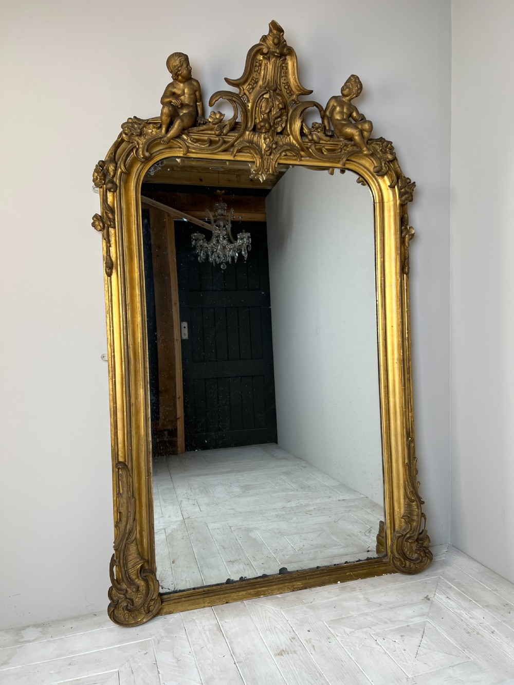 Large Six Foot Giltwood And Gesso C19th Putti Mirror View II