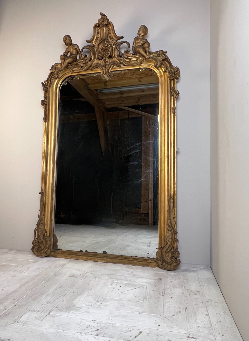Large Six Foot Giltwood And Gesso C19th Putti Mirror View XI