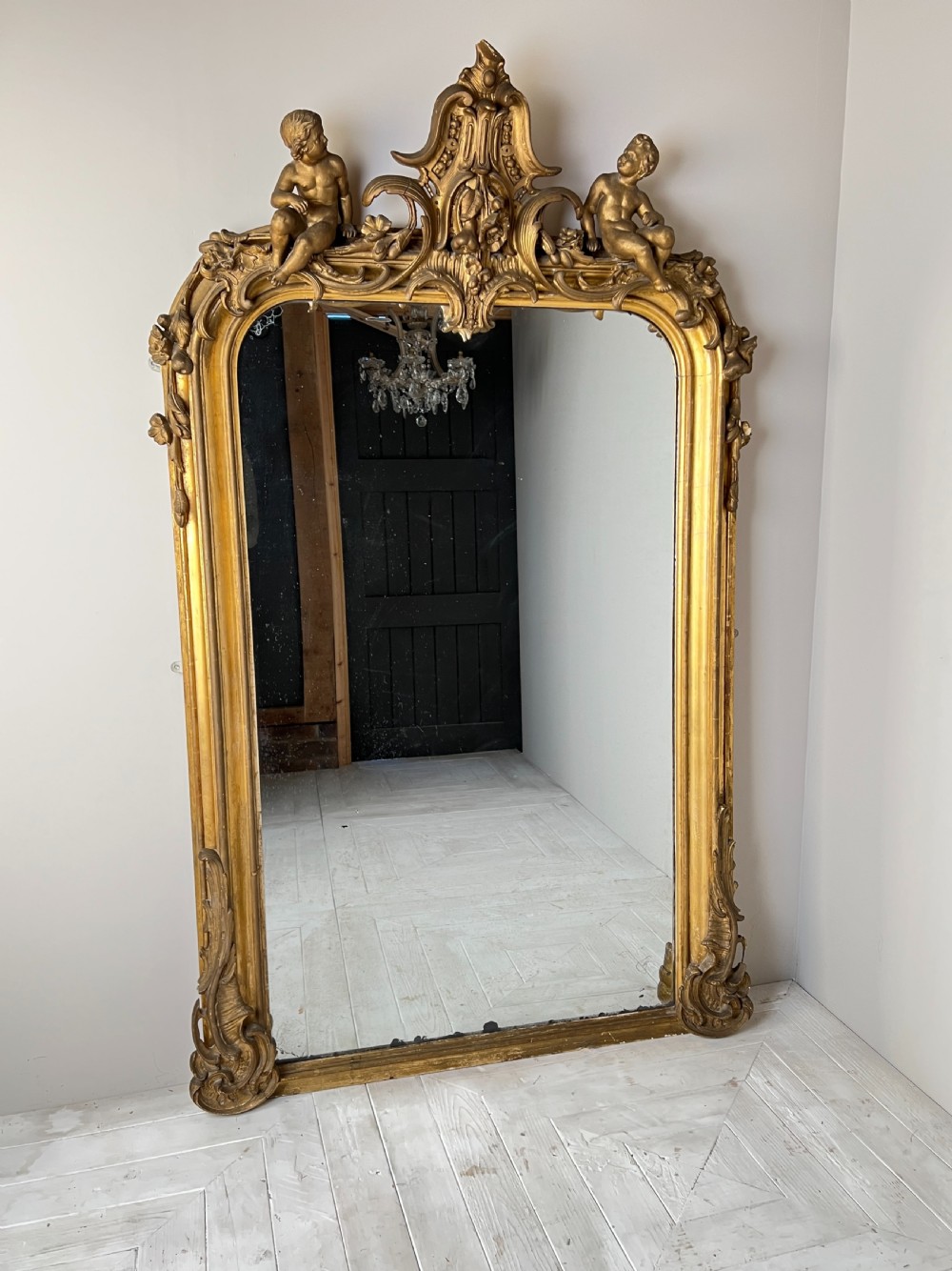 Large Six Foot Giltwood And Gesso C19th Putti Mirror View XII