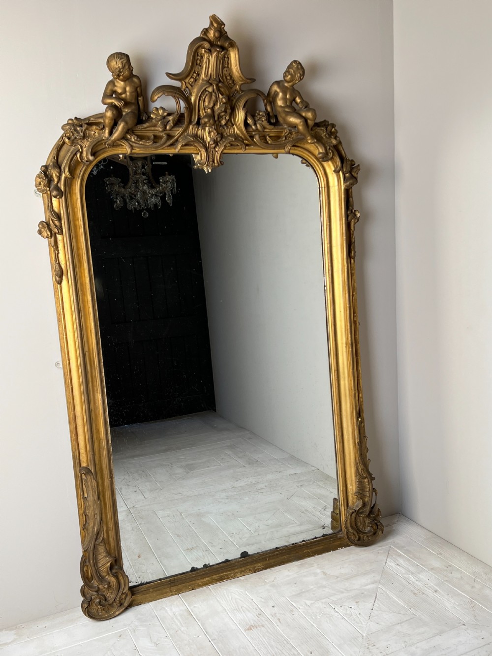 Large Six Foot Giltwood And Gesso C19th Putti Mirror View XIII