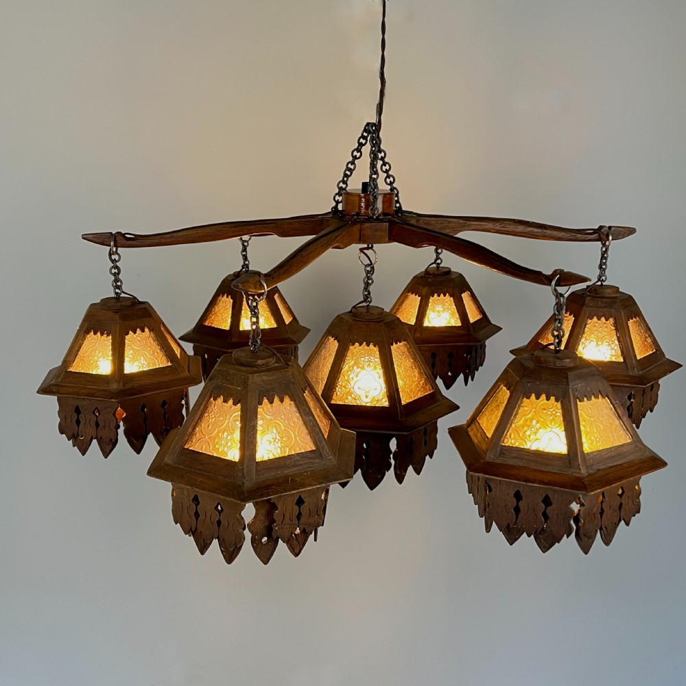 Arts & Crafts Black Forest Jugendstil Oak Chandelier View II