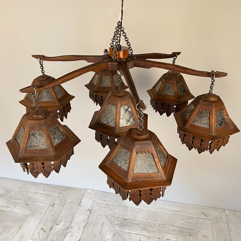 Arts & Crafts Black Forest Jugendstil Oak Chandelier View V