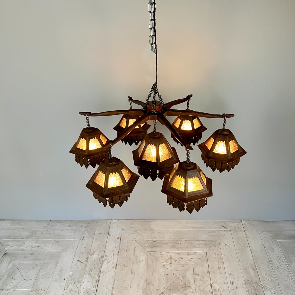 Arts & Crafts Black Forest Jugendstil Oak Chandelier View VI