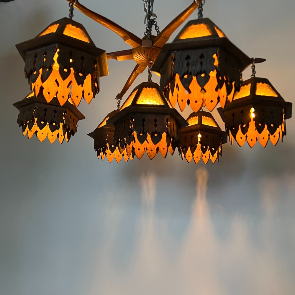 Arts & Crafts Black Forest Jugendstil Oak Chandelier View IX