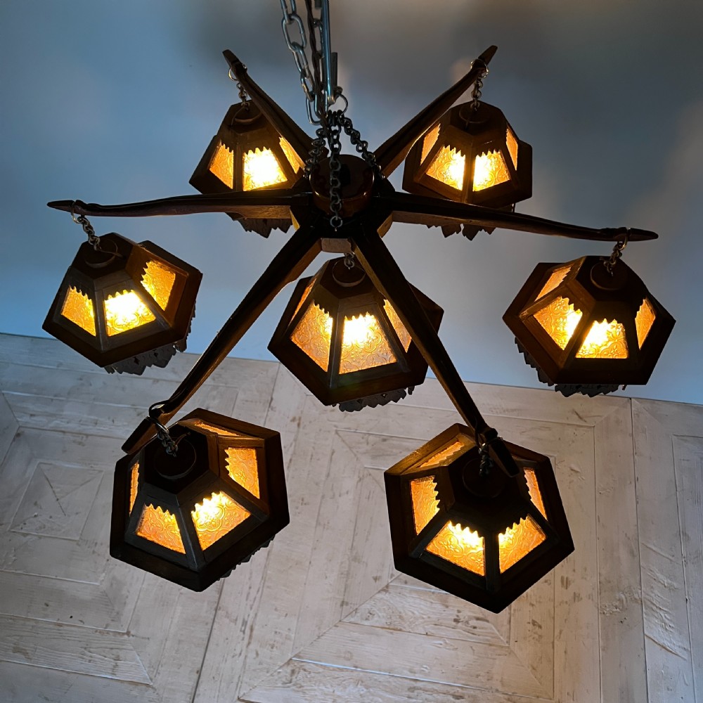 Arts & Crafts Black Forest Jugendstil Oak Chandelier View X