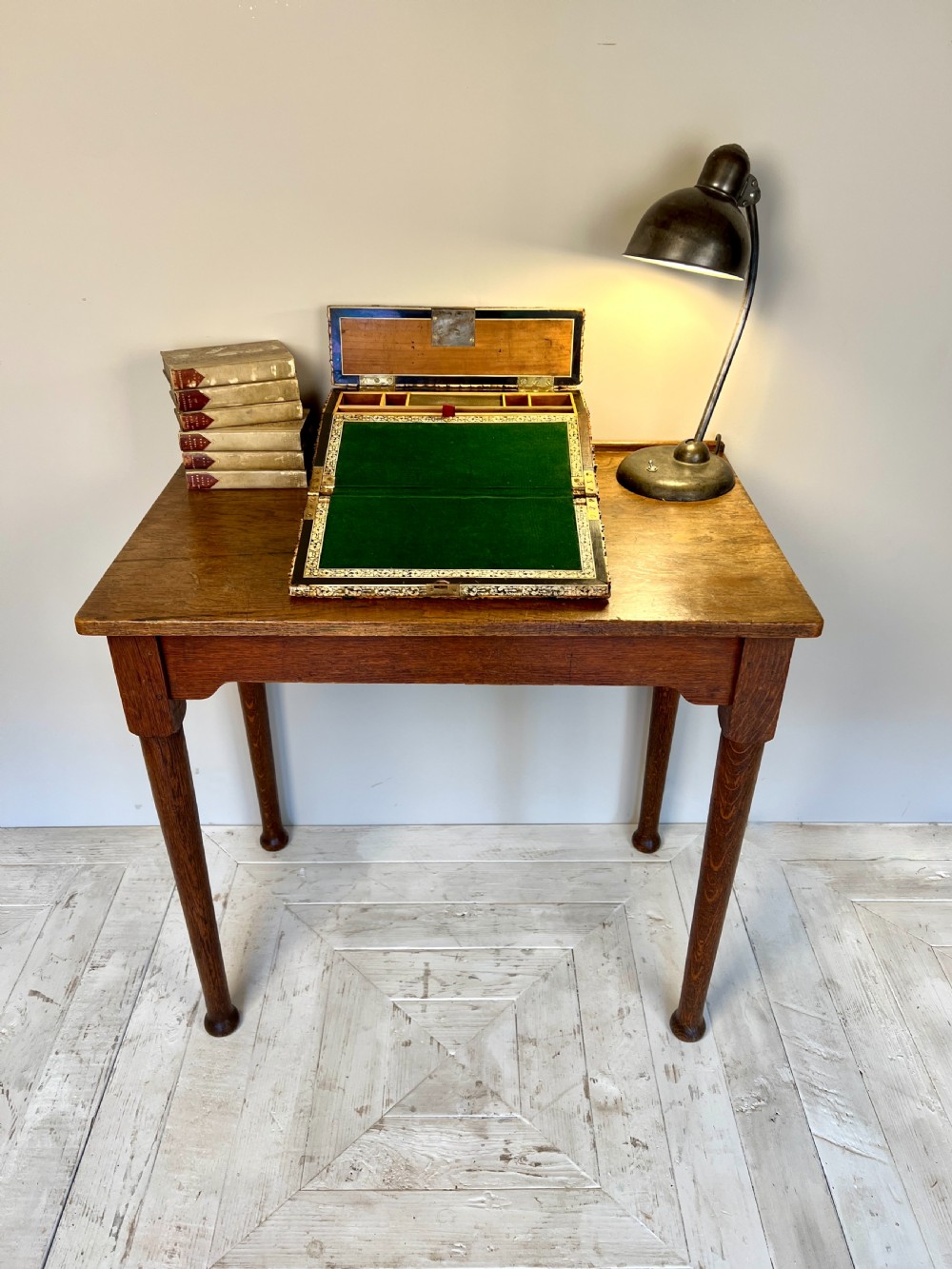An open nineteenth-century Anglo-Indian writing slope displaying carved antler borders, floral bone inlay, and a green velvet writing surface. View VI