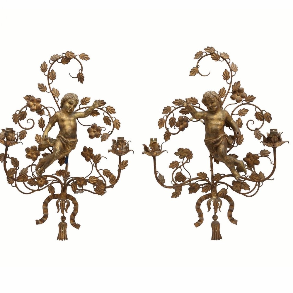Pair Of Giltwood And Toleware Wall Light Sconces 