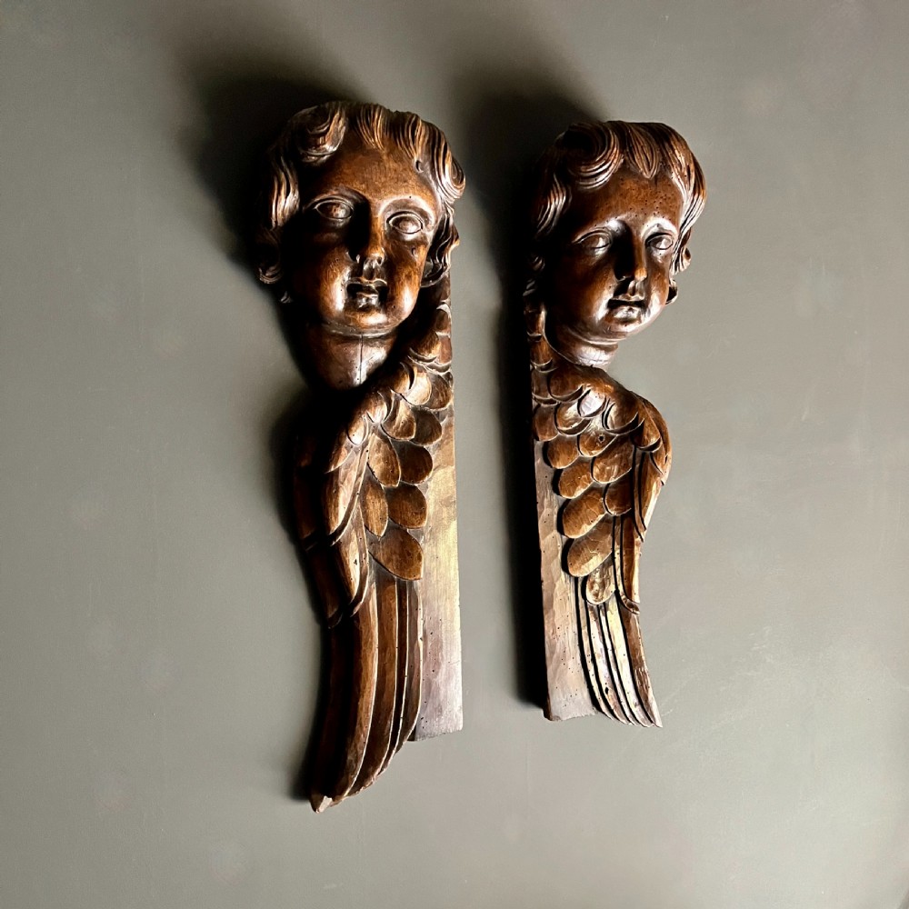 Pair Of Antique Carved Wood Putti Church Fragments View II
