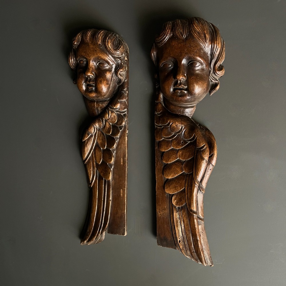 Pair Of Antique Carved Wood Putti Church Fragments View III