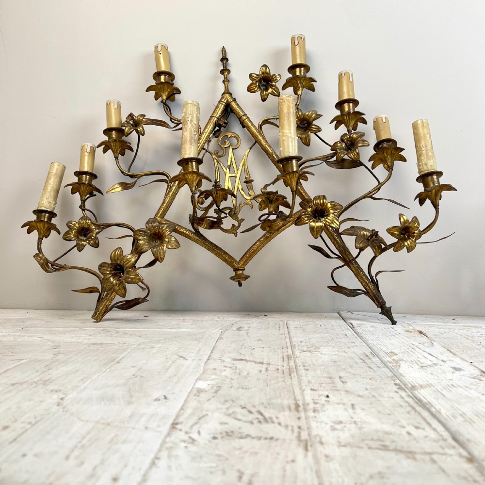 Large French Ecclesiastical Brass Wall Sconce  View V