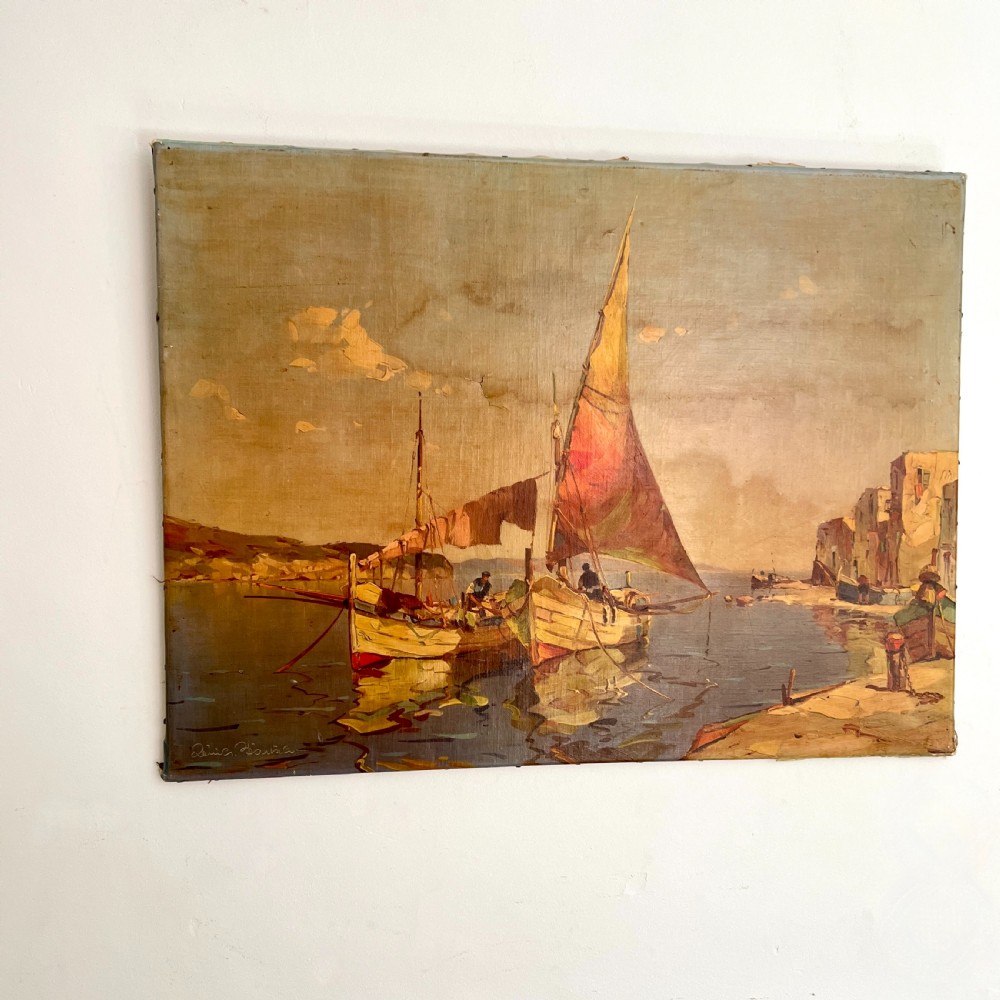 Continental Harbour Scene Oil On Canvas