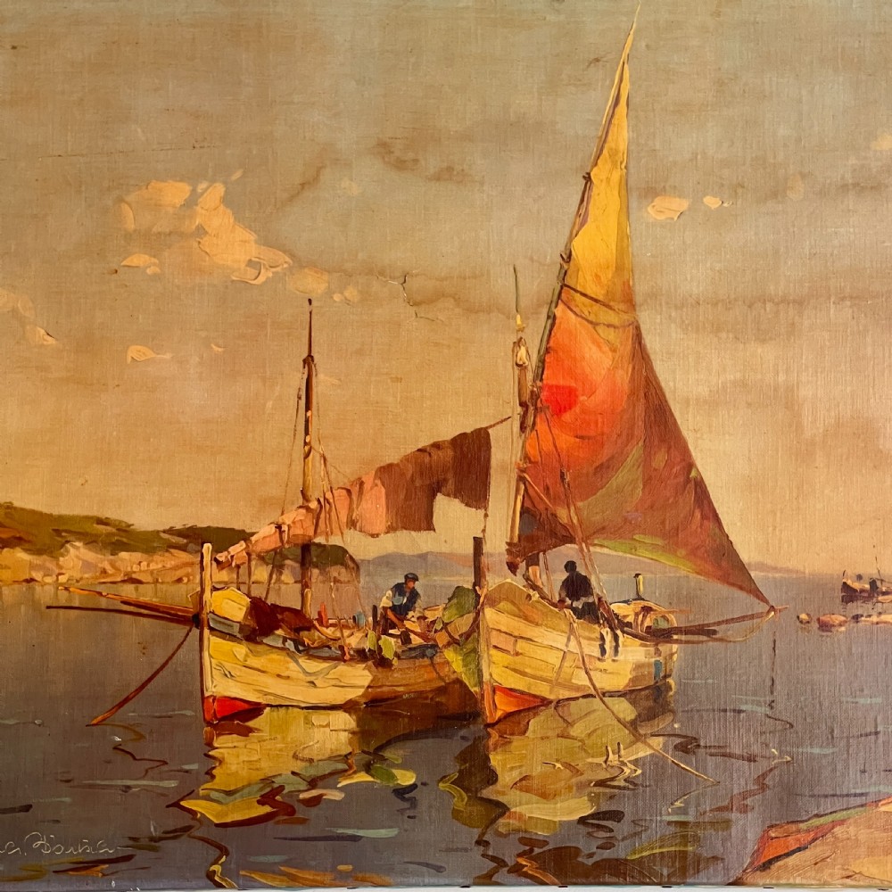 Continental Harbour Scene Oil On Canvas View V